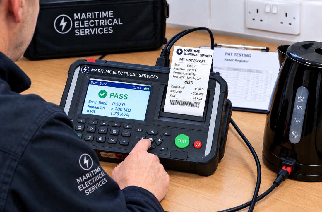 Maritime Electrical Services engineer PAT testing a kettle — Seaward tester showing PASS, printed certificate and asset register on desk